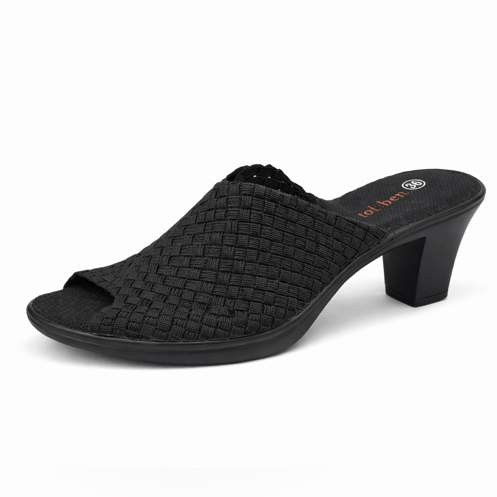 Bernie Mev Sun Chesca Black Woven Mule Heel Comfort Stretch Sandals NIB